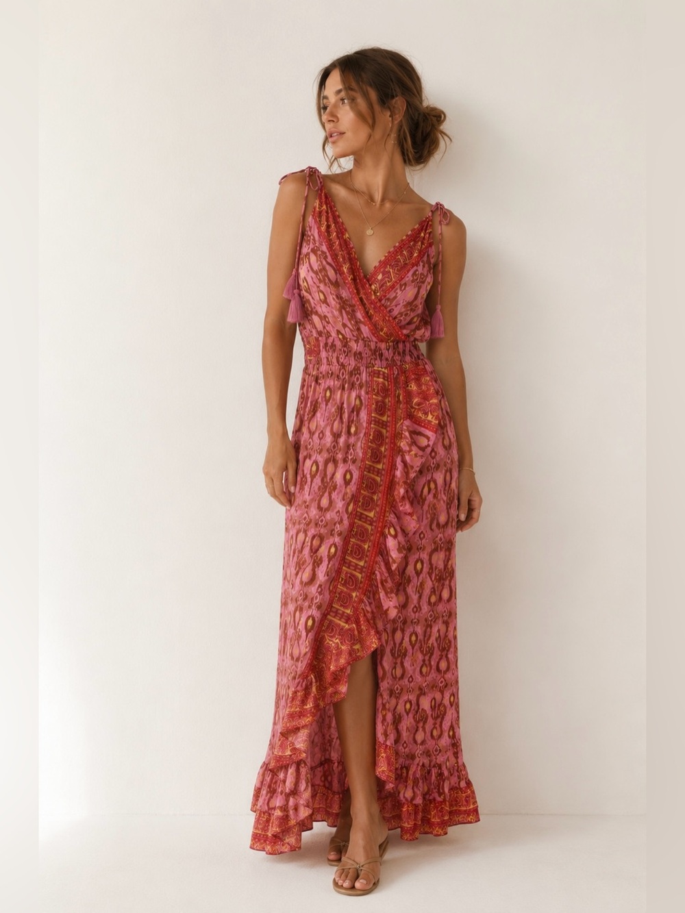 Gold & Silver Paris Boho Ikat Faux Wrap Maxi Dress Tassel Straps Pink Size Small